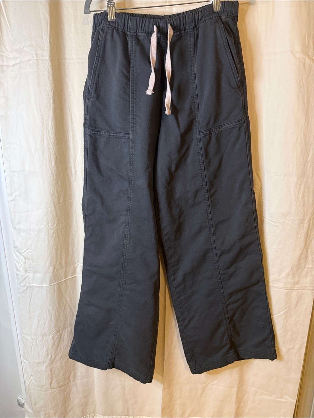 aerie Charcoal Wide-Leg Drawstring Pants with Light Pink Ties